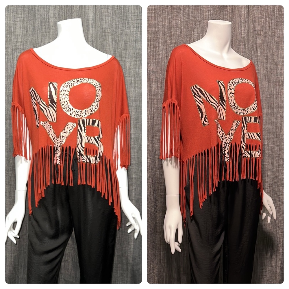 NWOT None Of Your Business NOYB Graphic Fringe Top Rust Color Medium